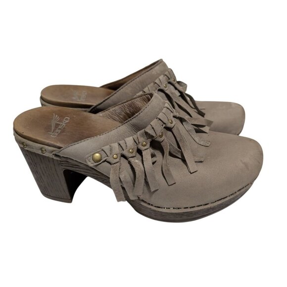 Dansko Deni Taupe Suede Clogs Heels Fringe Stud Womens Size 7 / EU 37 - Picture 1 of 8